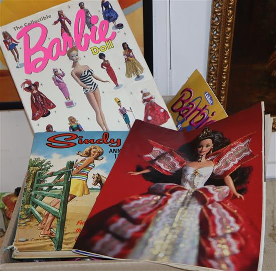 Barbie Case with ten assorted played with Barbies, various magazines and books, bag of assorted mini dolls and accessories